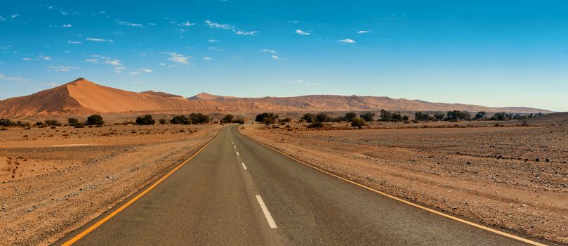 endless empty asphalt road in fantastic central Namibia desert landscape, traditional african scenery
