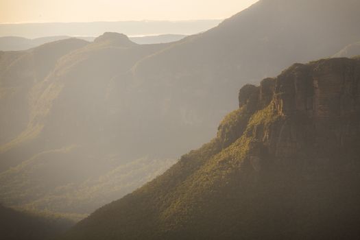 Diffused sunlight hitting the edges of the various escarpments Blue Mountains Australia