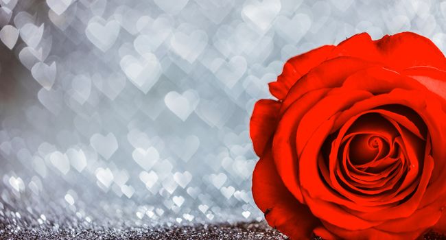 Beautiful red rose on heart shape bokeh glitter background