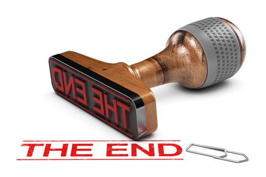 The word end stamped over white background with a rubber stamp. 3D illustration. 