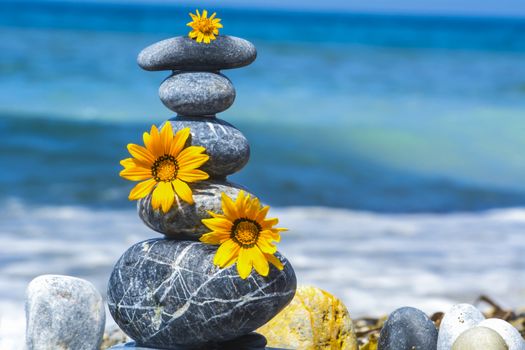 zen stones, flowers and peace concept