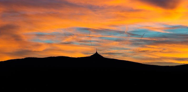 Silhouette of Jested mountain at sunset time, Liberec, Czech Republic.