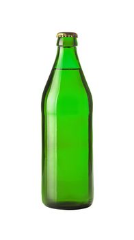 Close up one full green glass bottle of lager beer without label isolated on white background, low angle side view