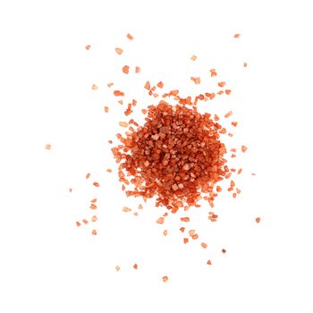 Close up one portion, heap of crystals red Hawaiian salt isolated on white background, elevated top view, directly above