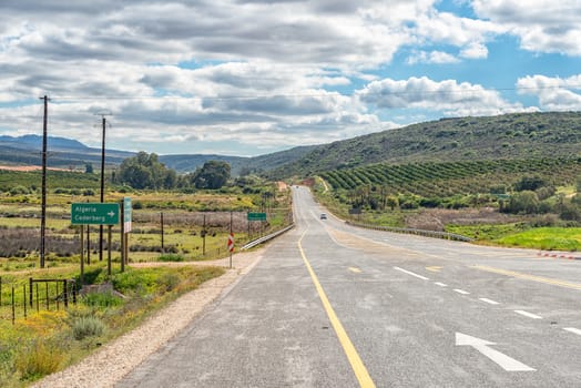 CITRUSDAL, SOUTH AFRICA, AUGUST 22, 2018: A farm scene, with citrus orchards, next to road N7 between Citrusdal and Clanwilliam in the Western Cape Province.