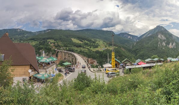 Tara river, Montenegro - 07.16.2018. Panoramic view of Djurdjevic Bridge and Tara River canyon in Durmitor National Park, Montenegro.