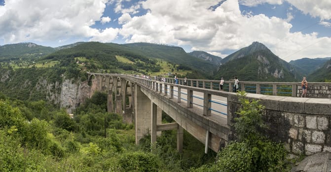 Tara river, Montenegro - 07.16.2018. Panoramic view of Djurdjevic Bridge and Tara River canyon in Durmitor National Park, Montenegro.