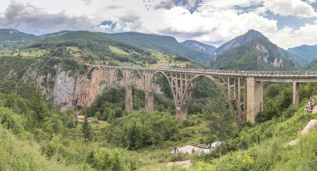 Tara river, Montenegro - 07.16.2018. Panoramic view of Djurdjevic Bridge and Tara River canyon in Durmitor National Park, Montenegro.