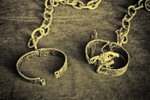 Ancient medieval handcuffs, detail of a former torture tool,