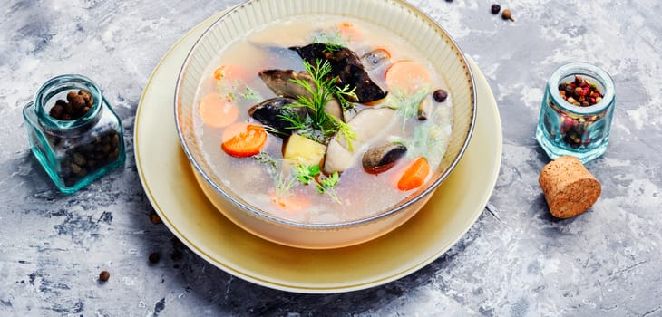 Soup with vegetables and mushroom.Delicious homemade of mushroom soup