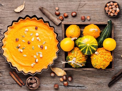 Pumpkin pie with nut and spice on rustic background.Thanksgiving pumpkin pies.Autumn fall still life