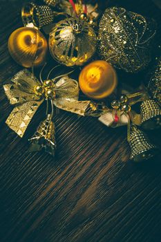 New Year 2019 Compostion of golden decor on dark wooden background