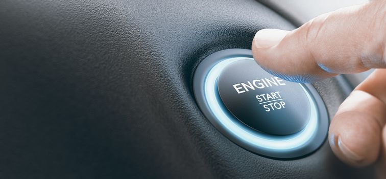 Finger pressing an engine start button with blue color. Composite image between a hand photography and a 3D background.