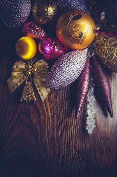 elegant shiny retro decor for Christmas 2019 on dark wooden background