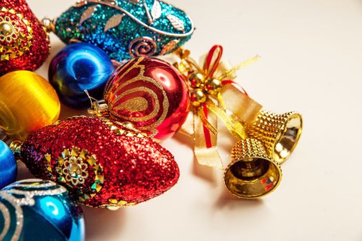 Top view of christmas decor set in red,crimson,pink and lilac colors