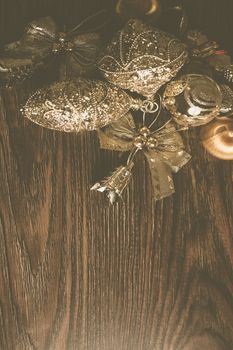 New Year 2019 Compostion of golden decor on dark wooden background