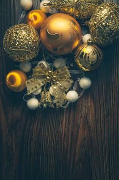 New Year 2019 Compostion of golden decor on dark wooden background