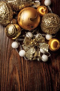 New Year 2019 Compostion of golden decor on dark wooden background