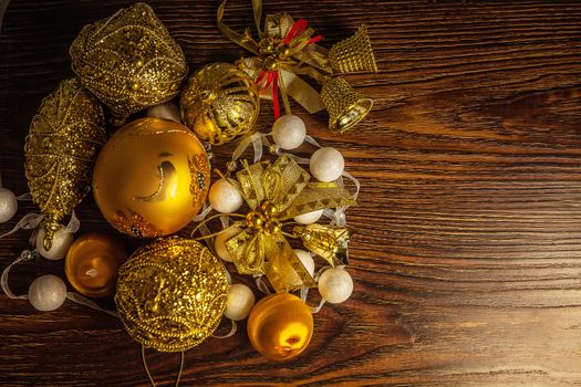 New Year 2019 Compostion of golden decor on dark wooden background