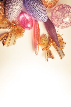 Top view of christmas decor set in red,crimson,pink and lilac colors