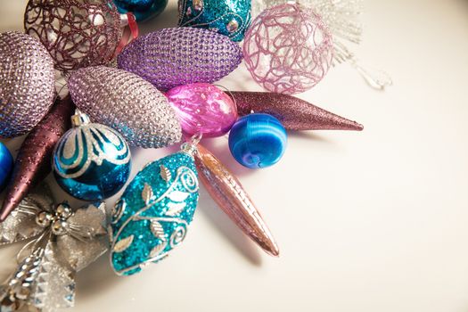 Elegant Christmas 2019 decor closeup, blue and pink colors