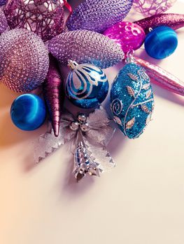 Elegant Christmas 2019 decor closeup, blue and pink colors
