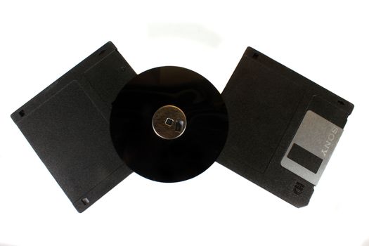 A set of floppy disks with an open magnetic disc in between which is inside the floppy casing