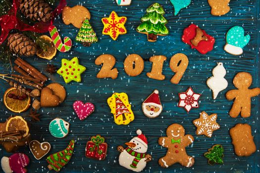 Different ginger cookies for new 2019 year holiday on wooden background, xmas theme