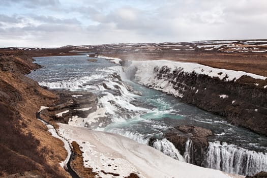 Panoramic view of powerful Gullfoss waterfall, Iceland
