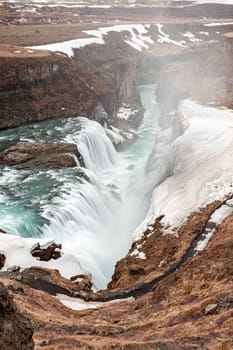 Panoramic view of powerful Gullfoss waterfall and its canyon, Iceland