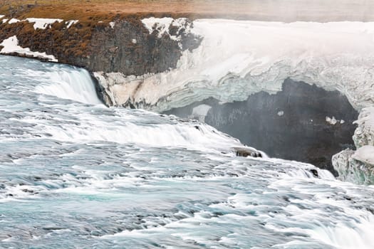 Close up of powerful Gullfoss waterfall, Iceland
