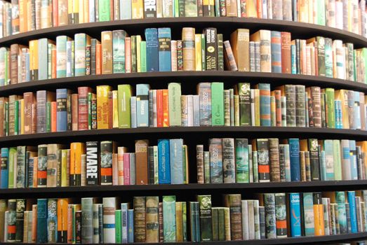 Books in a tower-shaped bookcase