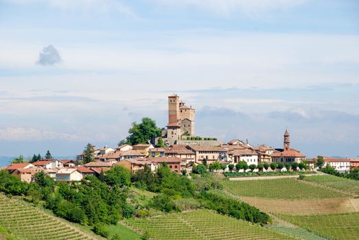 View of Langhe hills with Castle, Piedmont - Italy