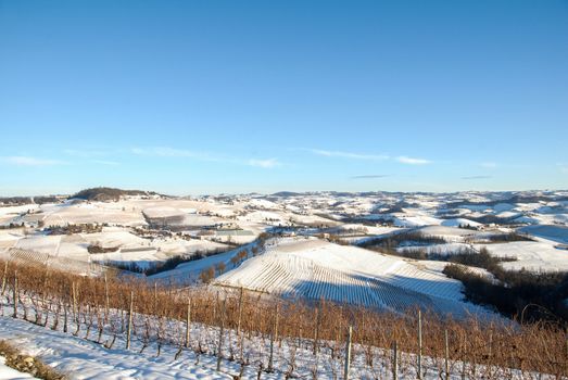 Hills of the Langhe covered by snow, Piedmont - Italy