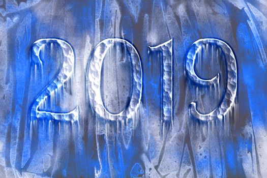 2019 Frozen text with icicles with frosty patterns. Background made with watercolor