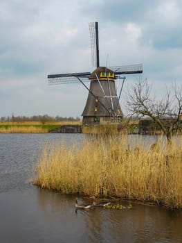 Netherlands rural landscape with windmills and canal at famous tourist site Kinderdijk in Holland