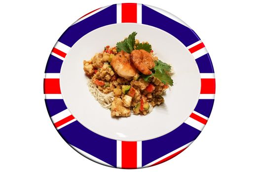 Prawns with rice noodles and vegetables