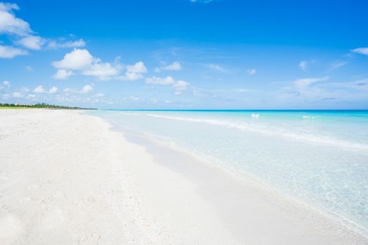 Amazing beach of Varadero during a sunny day, fine white sand and turquoise and blue Caribbean sea,sky with clouds,Cuba.