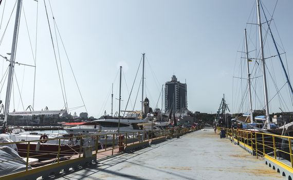 Odessa, Ukraine - 09.19.2018. Panoramic view of Yacht parking and seaport of Odessa, Ukraine in a summer sunny day