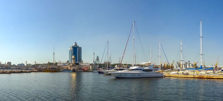 Odessa, Ukraine - 09.19.2018. Panoramic view of Yacht parking and seaport of Odessa, Ukraine in a summer sunny day