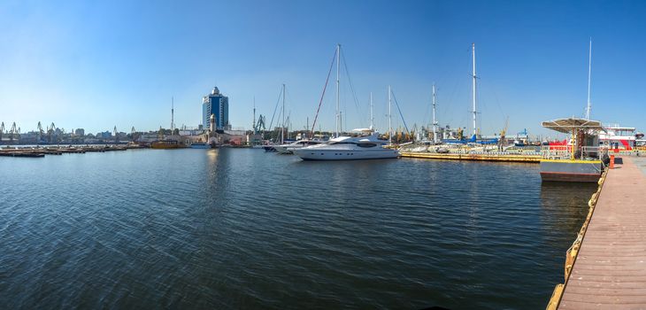 Odessa, Ukraine - 09.19.2018. Panoramic view of Yacht parking and seaport of Odessa, Ukraine in a summer sunny day