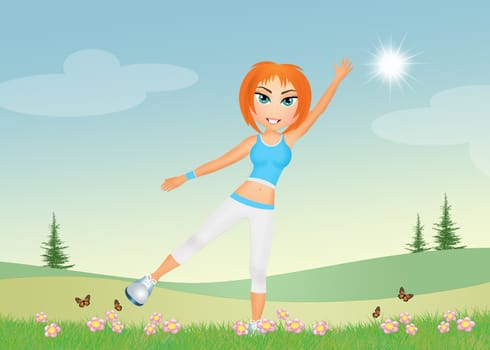 illustration of girl doing exercise in nature