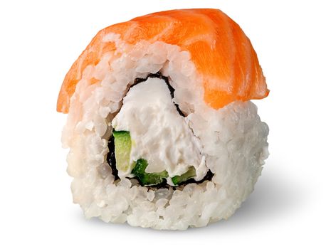 Single piece of sushi roll of Philadelphia rotated isolated on white background