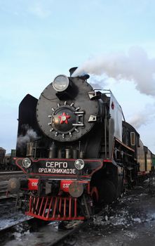 St. Petersburg, Russia, November 30, 2018  Main steam locomotive inscription "Sergo Ordzhonikidze"
produced in the USSR from 1934 to 1954
