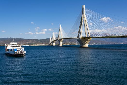 Cable-stayed suspension bridge crossing Corinth Gulf strait, Greece. It is one of the world's longest multi-span cable-stayed bridges and the longest of the fully suspended type