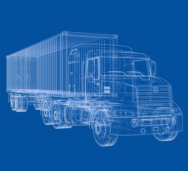 Truck with semitrailer. Wire-frame style. 3d illustration