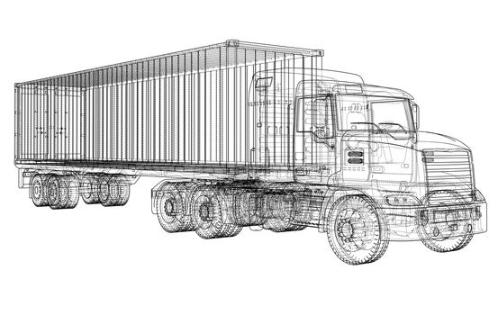 Truck with semitrailer. Wire-frame style. 3d illustration