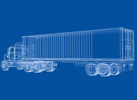 Truck with semitrailer. Wire-frame style. 3d illustration