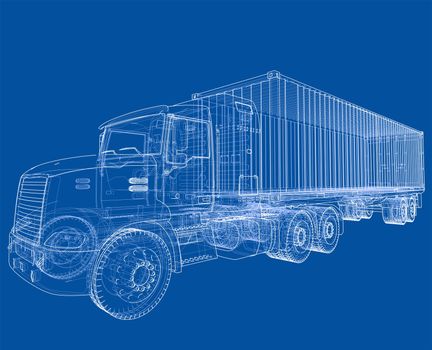 Truck with semitrailer. Wire-frame style. 3d illustration