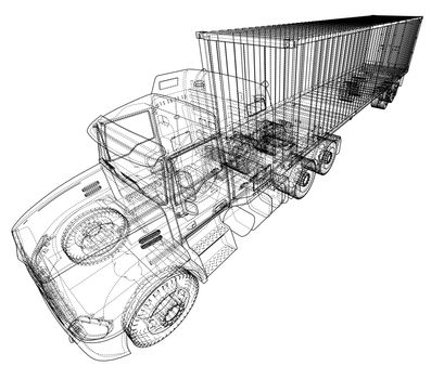 Truck with semitrailer. Wire-frame style. 3d illustration